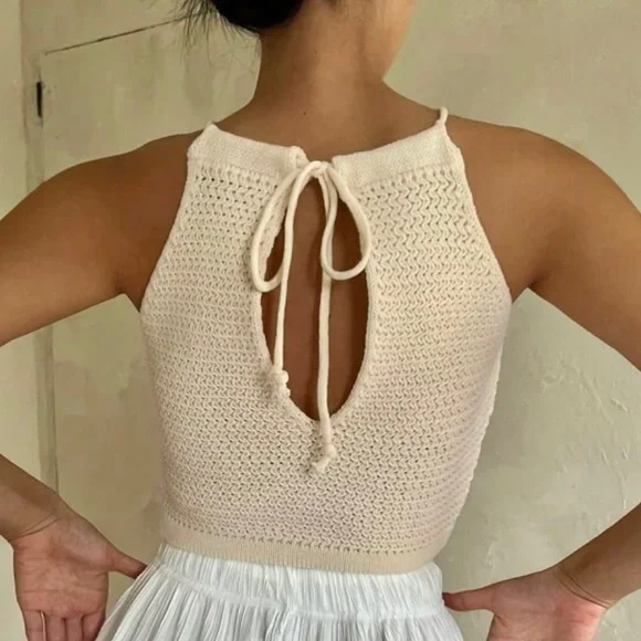 Crochet Knit halter tie back Top - Picture 4 of 7
